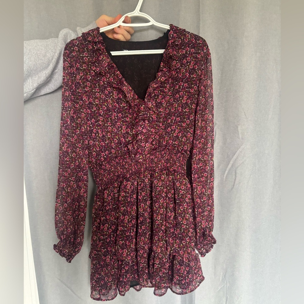 Zara Burgundy Floral Long Sleeve Dress